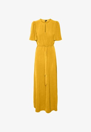 Gul maxi kjole med korte puffærmer, der har en nøglehulsudskæring og et bælte i taljen for justerbar pasform. Blødt, struktureret stof.