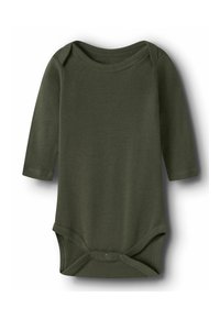 Body per neonati a maniche lunghe di colore verde oliva, realizzato in morbido cotone con scollo rotondo e chiusura a scatto sul fondo per un facile cambiamento.