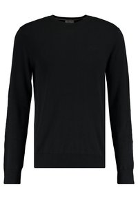 Schwarzer Pullover mit langen Ärmeln und Rundhalsausschnitt, gerippte Bündchen und Saum, minimalistisches Design, kleines geprägtes Logo auf der linken Brust.