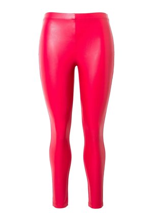 Fitted, high-waisted leggings van glanzend roze materiaal, met een gladde textuur en een enkel-lengte ontwerp zonder zichtbare naden.