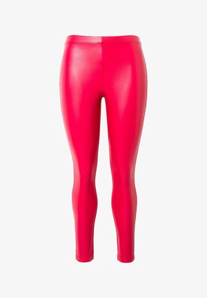 Tætsiddende, højtaljede leggings i skinnende pink materiale, med en glat tekstur og et ankellangt design uden synlige syninger.