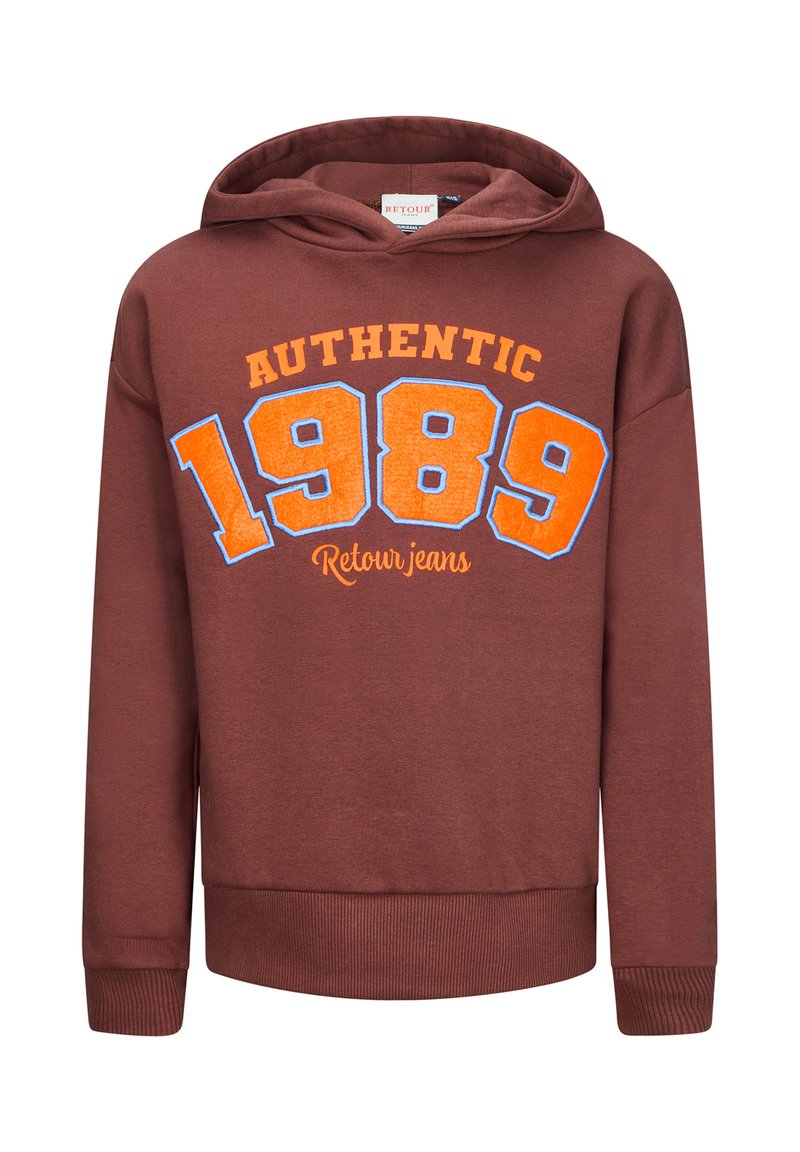 Felpa marrone con un grande stampa "AUTHENTIC 1989" in arancione e blu. Realizzata in tessuto morbido con polsini e fondo a costine.