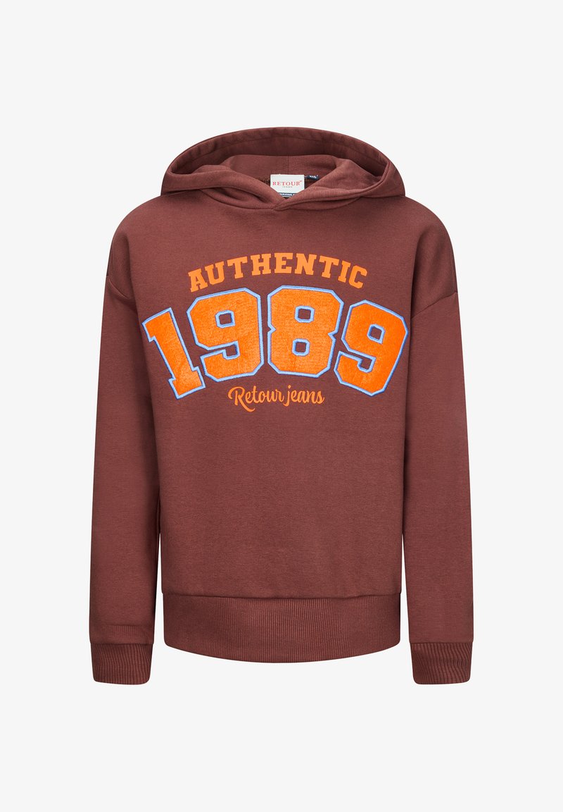 Felpa marrone con un grande stampa "AUTHENTIC 1989" in arancione e blu. Realizzata in tessuto morbido con polsini e fondo a costine.