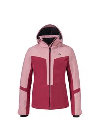 Red and pink two-tone women's jacket with a hood, zip front, and angular color blocking. Fabric appears smooth with structured fit.