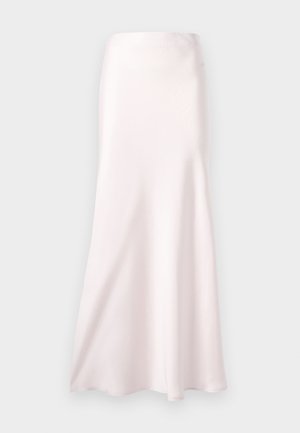 Light pink, floor-length skirt made of smooth, slightly shiny fabric. Flared silhouette with no visible fastenings or patterns.