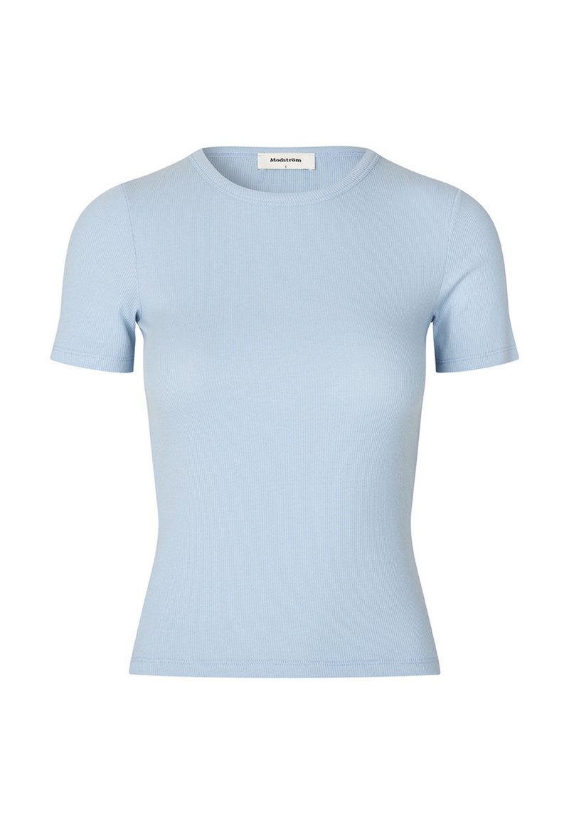 Lichtblauw geribbeld T-shirt met korte mouwen en een ronde halslijn. Zachte textuur, aansluitend ontwerp zonder zichtbare logo's of versieringen.