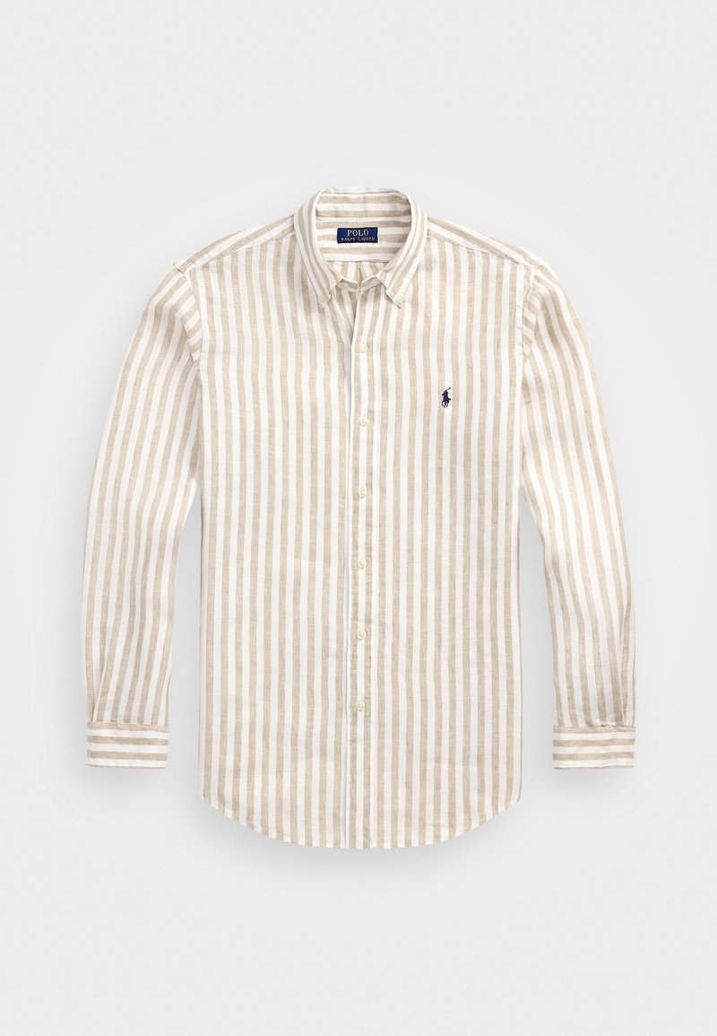 Beżowo-biała koszula z pionowymi paskami na całej długości rękawa, zapinana na guziki, z kołnierzykiem i małym granatowym logo Polo Ralph Lauren na lewej piersi.