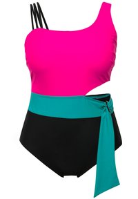 Maillot de bain une pièce avec un design découpé, haut rose vif, partie médiane turquoise et bas noir. Comprend des bretelles noires et un accent noué.