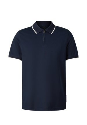 Marineblå kortærmet polo med lynlåslukning foran samt krave og ærmekanter med hvide kanter.