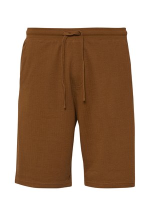 Braune knielange Strickshorts mit einem elastischen Bund und einem Zugband vorne.