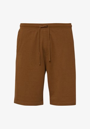 Brązowe dzianinowe szorty sięgające do kolan, z elastycznym paskiem w talii i sznurkiem do wiązania z przodu.