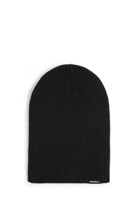 Sort strikket beanie-hat, med et enkelt design, blød tekstur og en lille logoetiket på den nederste kant.