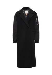 Zwarte overjas met een dubbellaagse ontwerp, gemaakt van wol en polyester. Bevat een opgestikte kraag, voorzakken en ribgebreide mouwmanchetten.