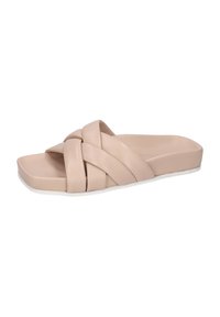 Beige slide sandal with a square toe, featuring four overlapping straps and a textured footbed on a flat white sole.
