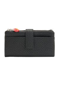 Czarny skórzany portfel o teksturowanej powierzchni, z zamknięciem na zamek błyskawiczny, centralnym paskiem i kolorowym uchwytem suwaka.