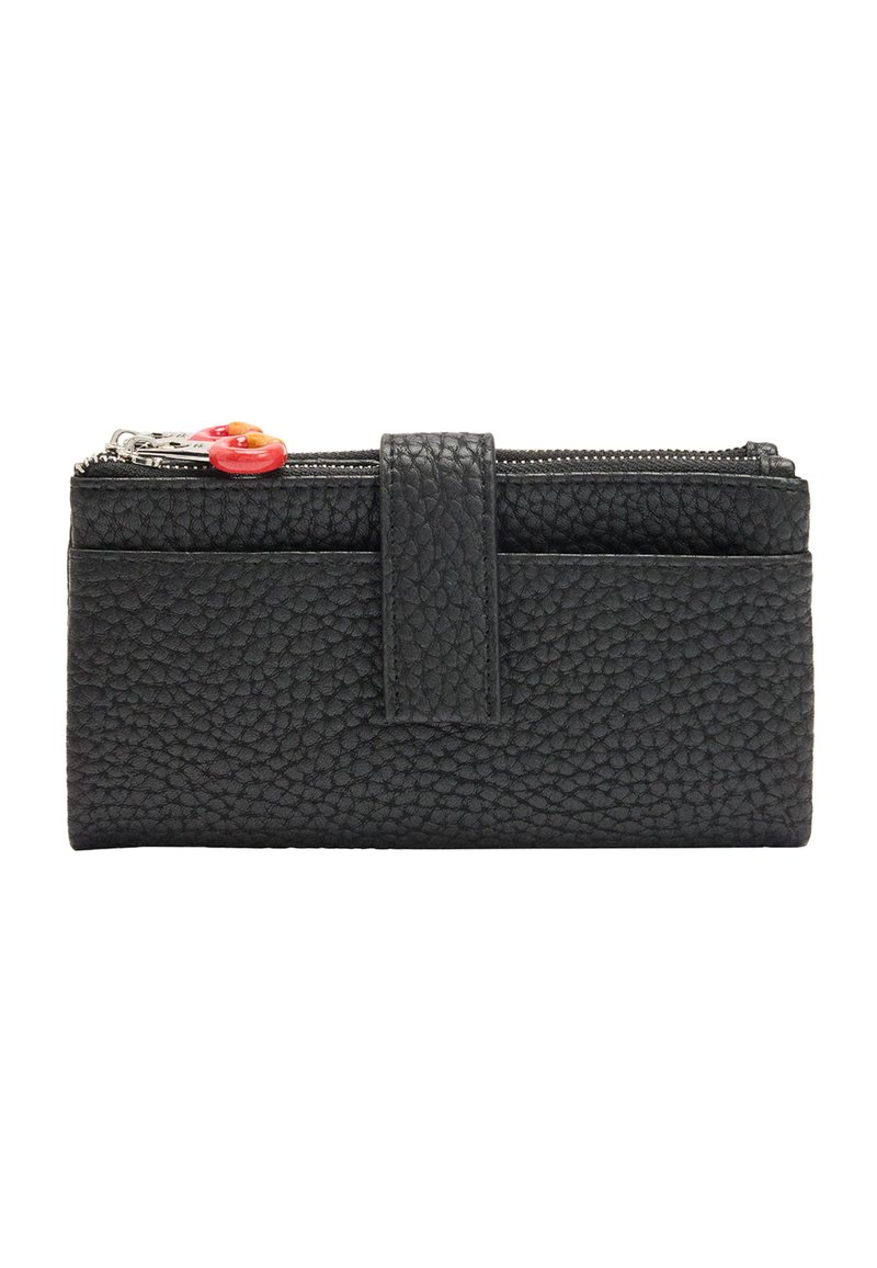 Czarny skórzany portfel o teksturowanej powierzchni, z zamknięciem na zamek błyskawiczny, centralnym paskiem i kolorowym uchwytem suwaka.