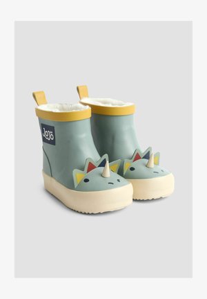 Zelene gumene čizme s kremastom potplatom, žutim rubom na vrhu i slatkim licem dinosaura sa šiljcima i šarenim detaljima. Obložena unutrašnjost.