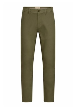 Olivgröna bomullsbyxor med en figursydd design, raka ben, diskret sömnad och knappstängning fram. Inga synliga fickor.