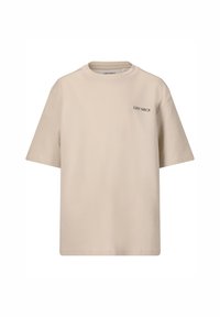 Beige bomuld T-shirt med afslappet pasform, korte ærmer, rund hals og et minimalistisk "LES'ARCS" logo i sort på brystet.