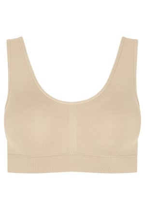 Beige sömlös bh med rundad halsringning och breda axelband. Tyget är mjukt och stretchigt, utformat för komfort och stöd.