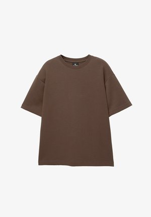 Bruine T-shirt met korte mouwen, gemaakt van katoen, met een ronde halslijn en een losse pasvorm. Glad textuur zonder zichtbare patronen of accenten.