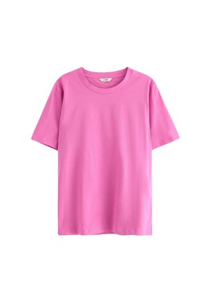 Vaaleanpunainen puuvillapaita, jossa on lyhyet hihat, pyöreä p�ääntie ja sileä pinta. Kuvioita tai koristeita ei ole näkyvissä.