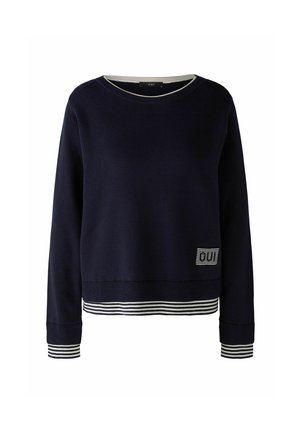 Navy sweatshirt with a round neckline, white striped ribbed cuffs and hem, featuring a small "OUI" patch on the front left side.