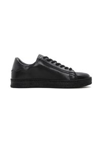 Black leather sneaker with a smooth finish, rounded toe, and flat black rubber sole. Features black laces and subtle side seam detailing.