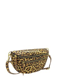 Sac bandoulière en imprimé léopard avec fermetures éclair dorées, présentant une forme arrondie et une fine sangle d'épaule. Surface texturée avec deux compartiments zippés.