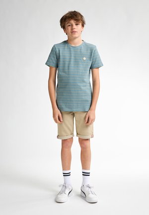 T-shirt a maniche corte di colore teal a righe, con un piccolo logo circolare, abbinato a pantaloni corti beige arrotolati e sneakers bianche con strisce nere.
