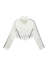 Weißer, taillierter Reißverschluss-Jacke mit langen Ärmeln, schwarzen Doppelstreifen an den Ärmeln und vorne sowie einem hohen Kragen.