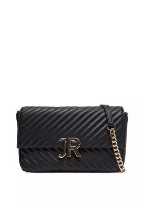 Sac à main matelassé noir avec des rayures diagonales, des accessoires en ton doré, une chaîne en bandoulière et un logo "JR" en évidence sur le devant.