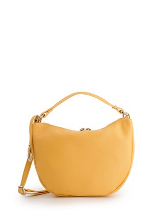 Yellow leather handbag with a crescent shape, a top handle, and a detachable shoulder strap. Textured exterior and silver hardware accents.