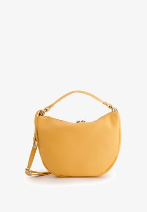 Yellow leather handbag with a crescent shape, a top handle, and a detachable shoulder strap. Textured exterior and silver hardware accents.