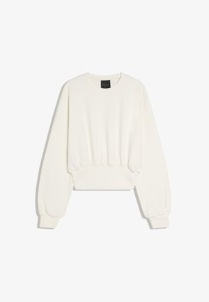 Bluză crop crem, cu mâneci lungi bufante și manșete dantelate, guler rotund și talie adunată.