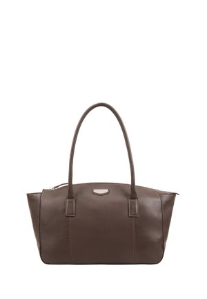 Dark brown leather handbag with two handles, rectangular shape, slightly tapered sides, and a small metal brand plate on the front center.