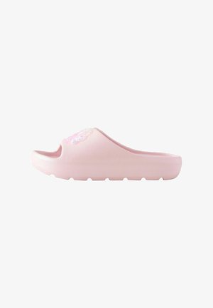 Roze instapsandaal gemaakt van flexibel materiaal. Heeft een textuur met een decoratieve, glanzende accent op het bovenwerk. Lichtgewicht ontwerp.