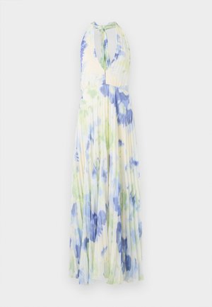Pleated halter-neck dress featuring a floral pattern in blue and green tones on a lightweight, light yellow fabric.