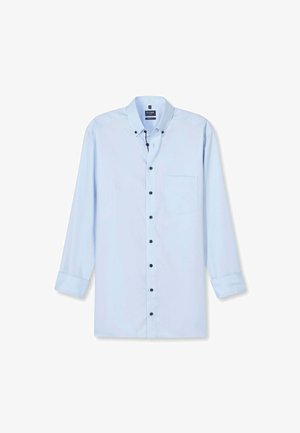 Lichtblauwe overhemd met lange mouwen en een button-down kraag, voorzak en zwarte knopen. Soepele stof met een effen kleur en een getailleerde pasvorm.