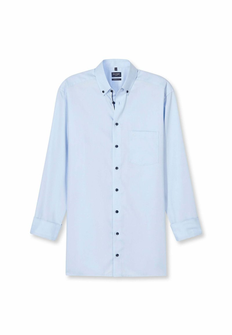 Lichtblauwe overhemd met lange mouwen en een button-down kraag, voorzak en zwarte knopen. Soepele stof met een effen kleur en een getailleerde pasvorm.