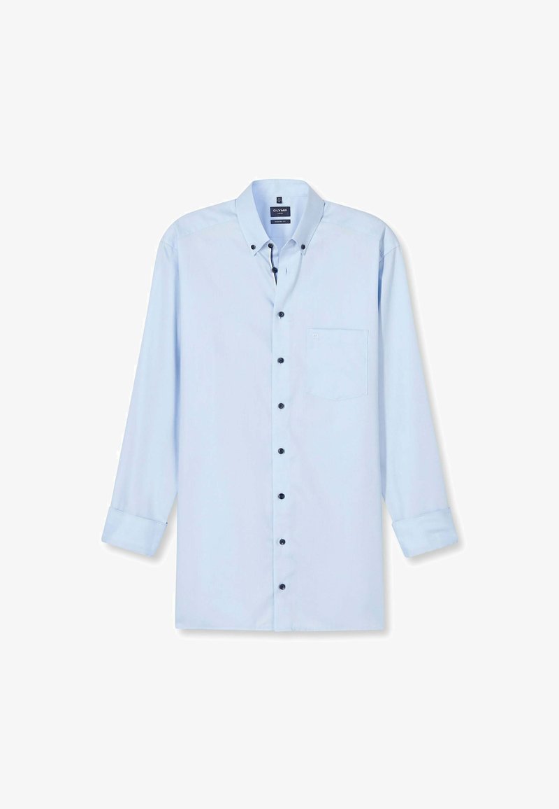 Lichtblauwe overhemd met lange mouwen en een button-down kraag, voorzak en zwarte knopen. Soepele stof met een effen kleur en een getailleerde pasvorm.