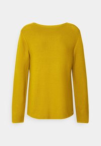 Senfgelbes Sweatshirt mit strukturiertem Strickdesign, weitem Rundhalsausschnitt und langen Ärmeln. Gerader Saum und minimalistische Details.