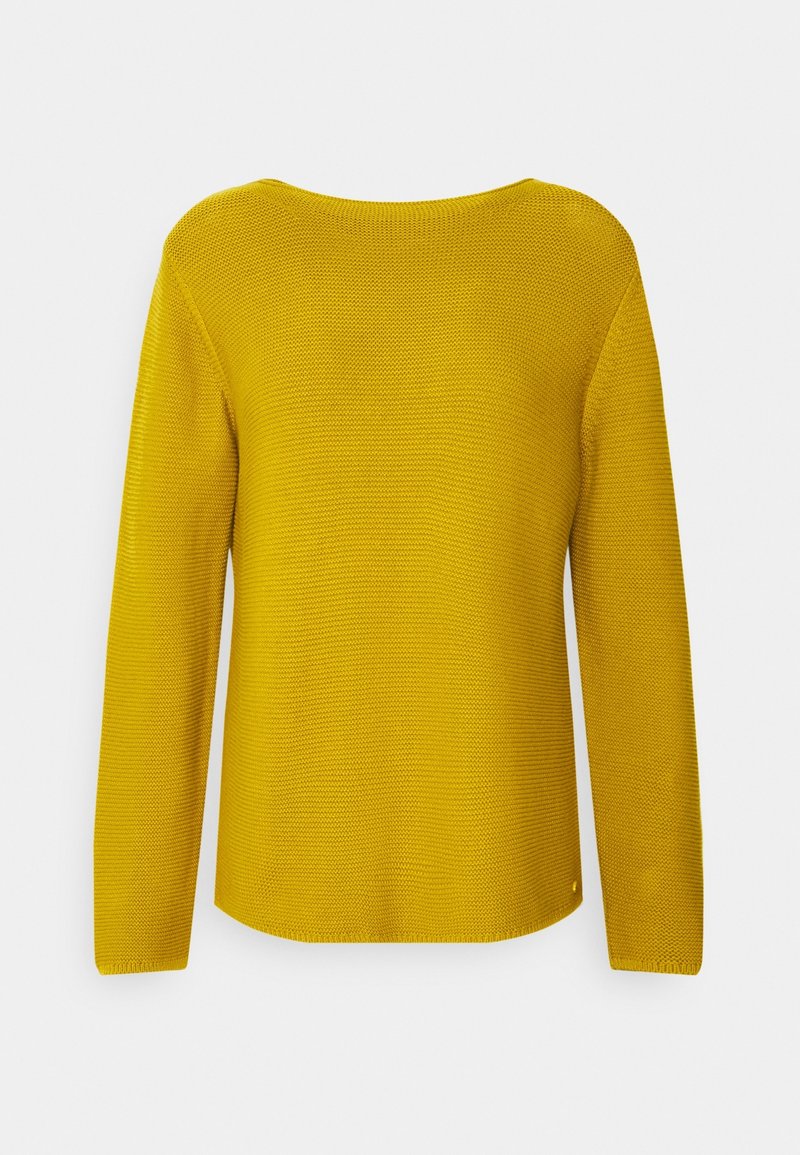 Senfgelbes Sweatshirt mit strukturiertem Strickdesign, weitem Rundhalsausschnitt und langen Ärmeln. Gerader Saum und minimalistische Details.