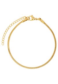 Bracciale placcato in oro con design a catena liscia e flessibile, dotato di chiusura a gancio e di una catena con maglie regolabili per variazioni di dimensione.