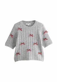 Grå strikket sweater med korte ærmer, udstyret med røde ternede sløjfer og ribbet struktur. Casual, løs pasform med rund halsudskæring.