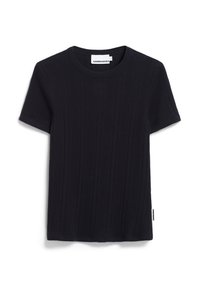 Svart ribbad t-shirt med kort ärm, rund hals och rak nederkant. Etikett synlig på sidan. Tillverkad av mjukt, strukturerat tyg.