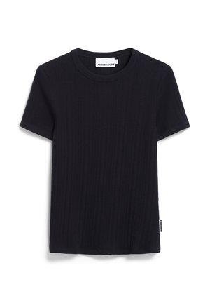 Camiseta negra de manga corta con canalé, cuello redondo y dobladillo recto. Etiqueta visible en el lateral. Fabricada con un tejido suave y texturizado.