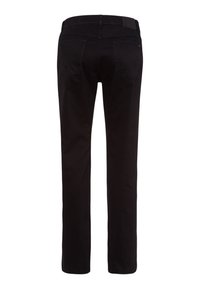 Black cotton blend trousers with a straight-leg fit, featuring two back pockets and a subtle textured finish. No embellishments.