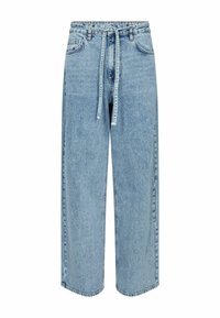 Helleblaue Denim-Jeans im weit geschnittenen Stil mit einem Kordelzugbund, zwei Vordertaschen und einem geraden Schnitt, die eine ausgebleichte Textur zeigen.