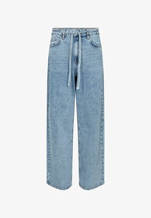 Heledad sinine denim laia säärega teksad, millel on reguleeritav vöö, kaks eesmist taskut ja sirge lõige, esitlevad kulunud tekstuuri.